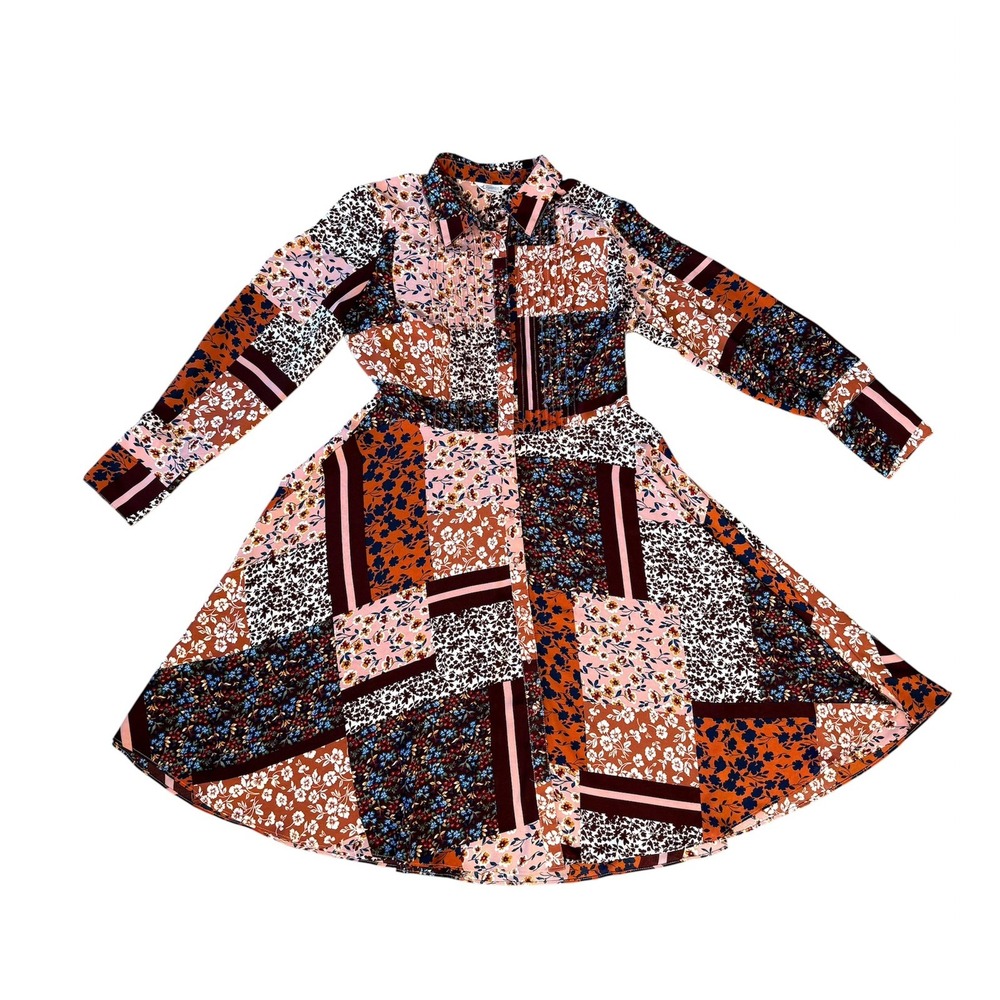 Women's Nanette Lepore Boho Patchwork Print Button Up Dress Fall Colors Size 6